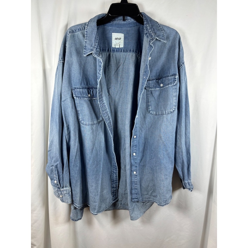 Aerie Womens XL Light Wash Denim Button Down Shirt Oversized Cotton Chambray Top